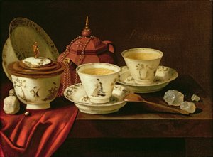 En Yixing tekande og en kinesisk porcelæns Tete-a-Tete på en delvist draperet afsats